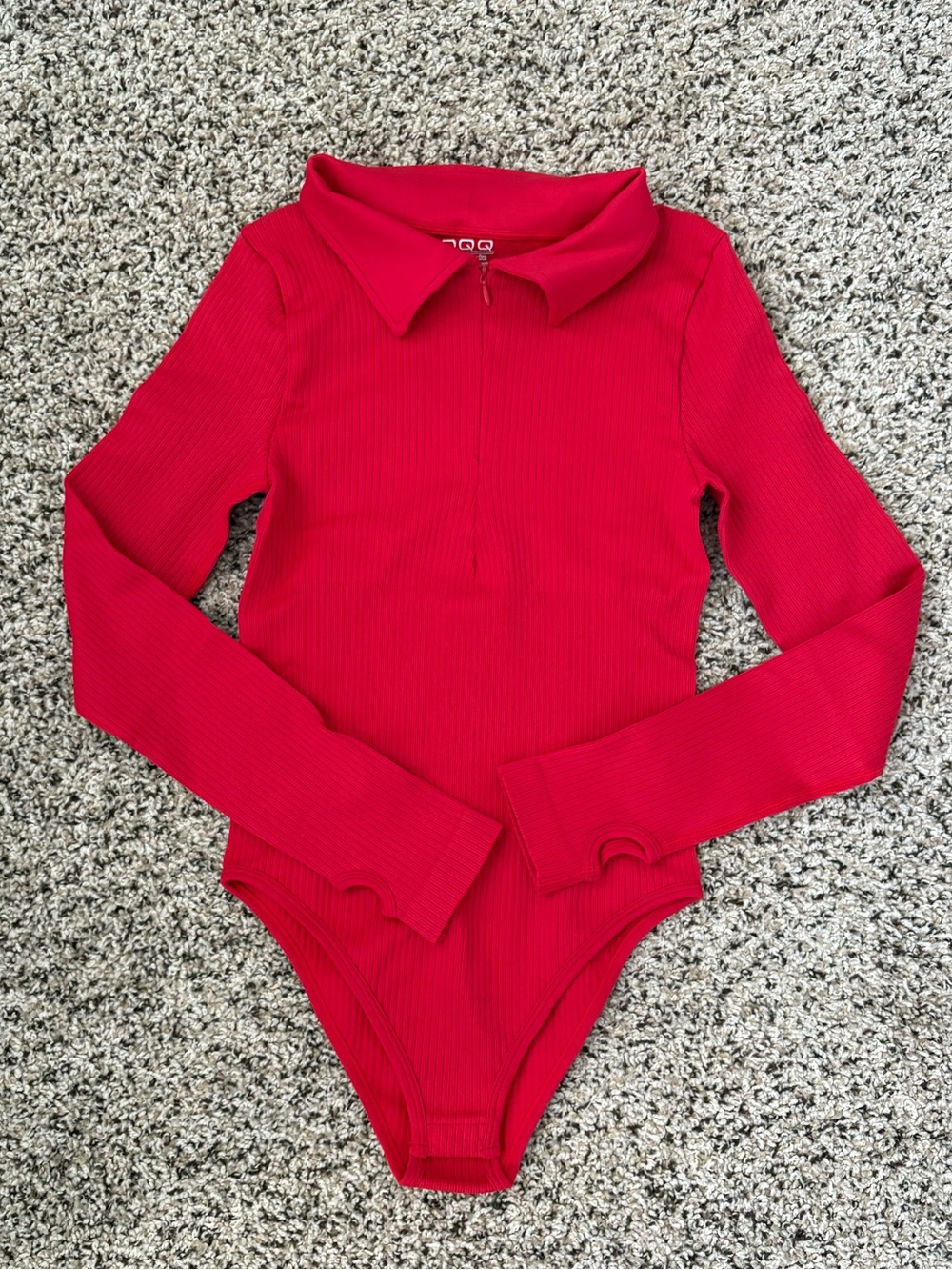 Red Ribbed Long-Sleeve Collared Bodysuit